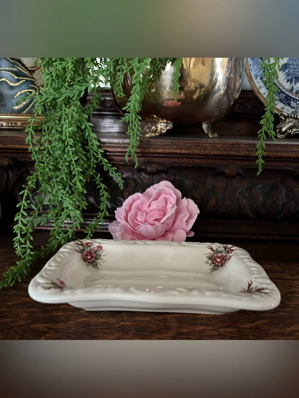 Athena Cream Ceramic Soap Dish with Pink Rose Decals Vintage Style